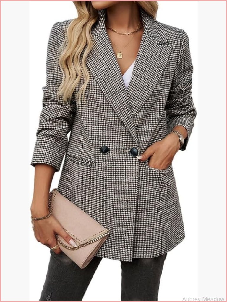 Open Front Plaid Blazer Long Sleeve Notch Lapel Work Office Jacket
